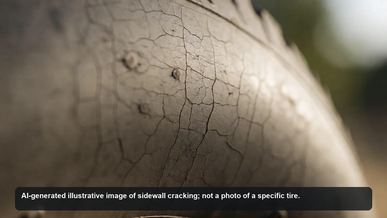 AI-generated close-up of fine weathering cracks on an old tire sidewall